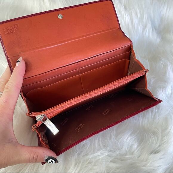 Mont Blanc | Women’s Red Leather Envelope Snap Closure Zipper Pocket Coins Cards - Picture 7 of 9